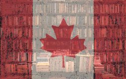 Canadian Literature concept with a bookshelf and the flag of Canada